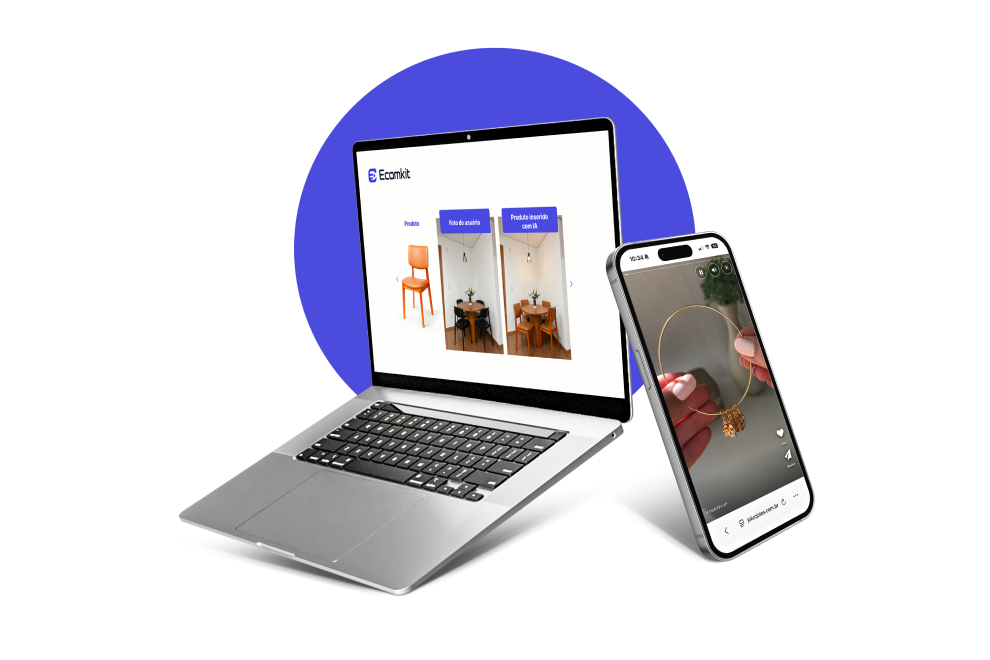 MacBook e iPhone mostrando o Ecomkit com StoryPlay ativo